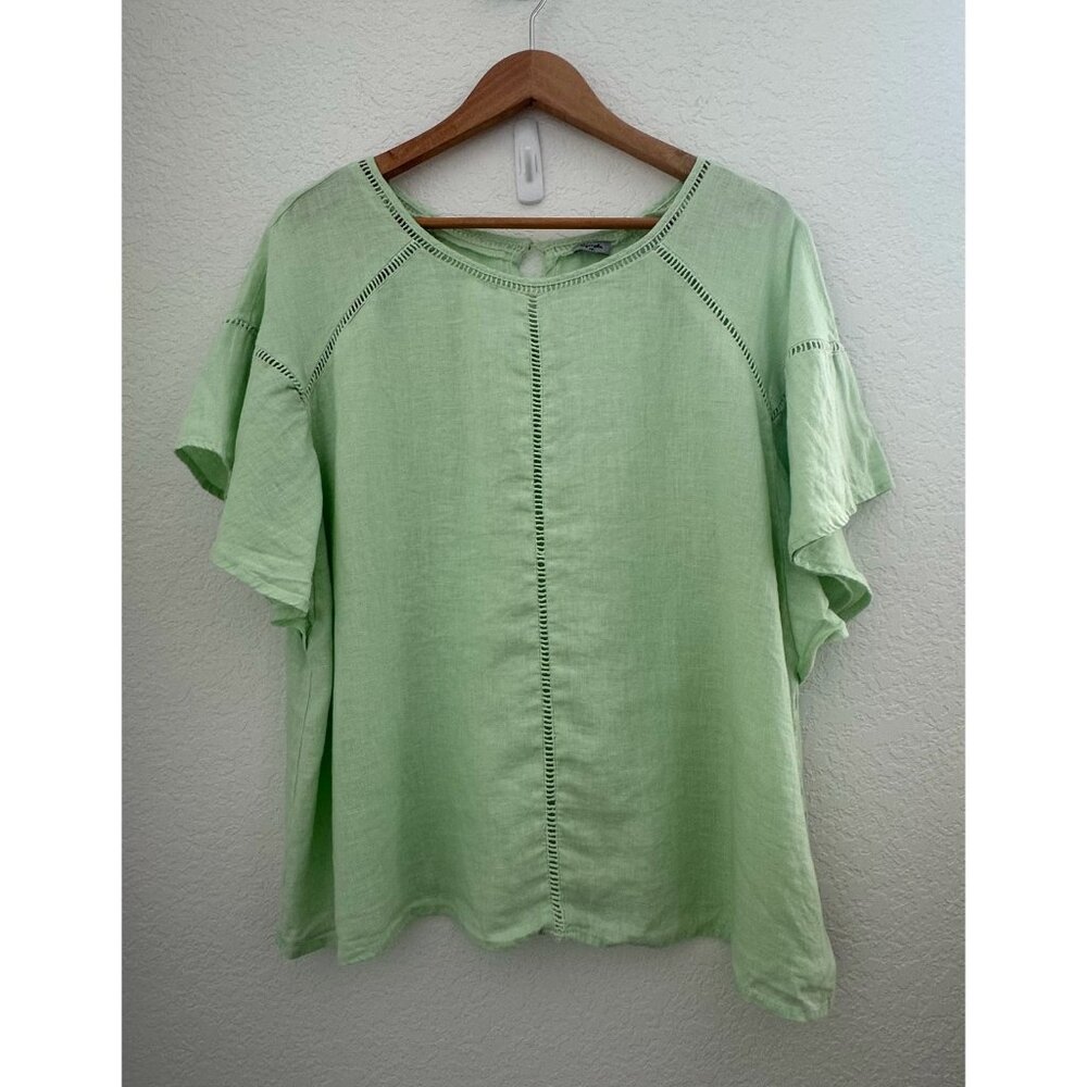Sympli Shirt Womens‎ XL Green 100 Linen Short Sleeve Boho Tunic Top Pullover
